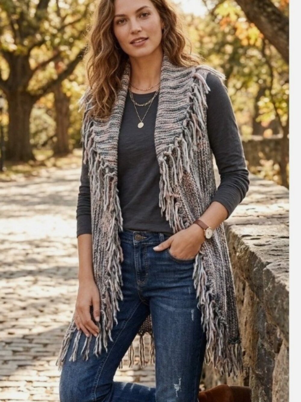 Chico's wool blend Multicolor boho festival Fringe Knit Sleeveless Shawl Vest